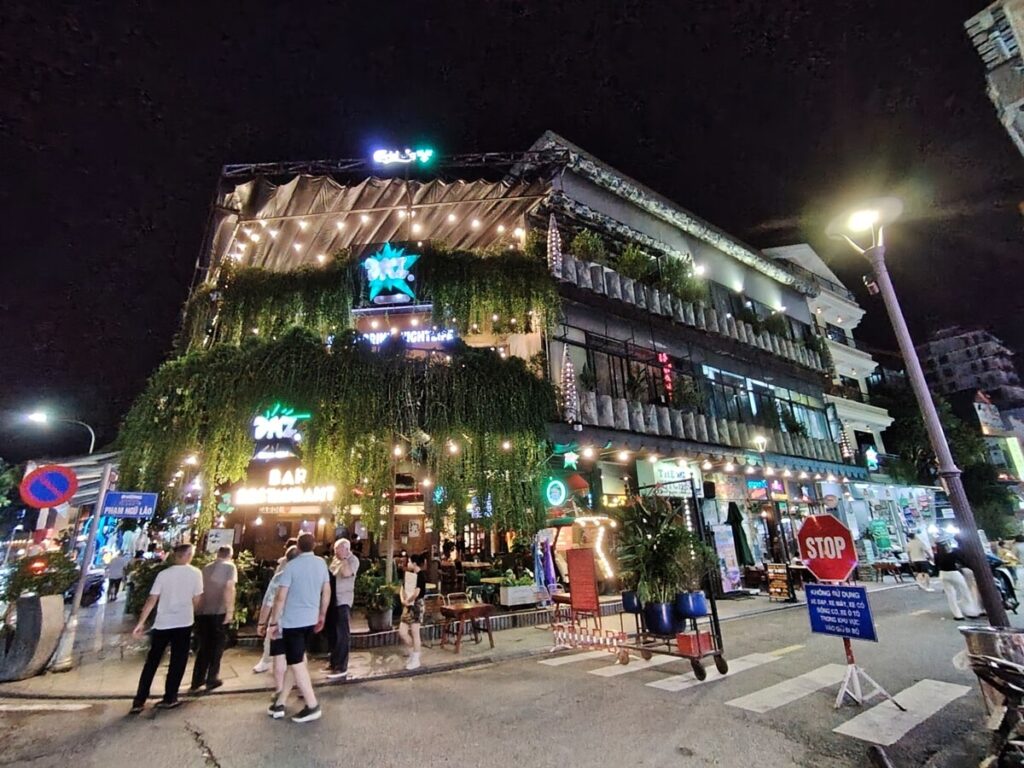 Front face DMZ Bar & Restaurant in Hue City at Night