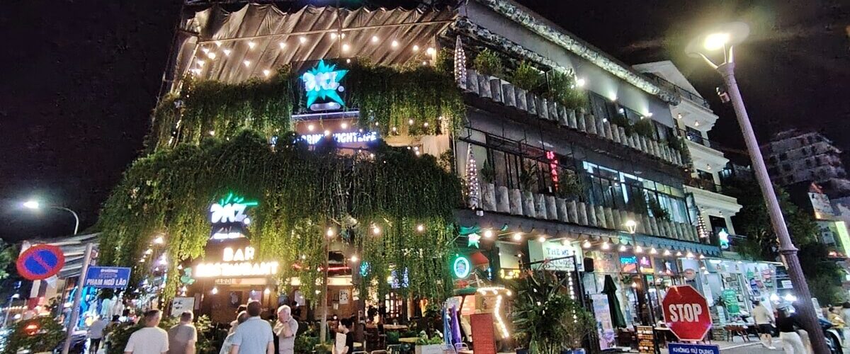 Front face DMZ Bar & Restaurant in Hue City at Night