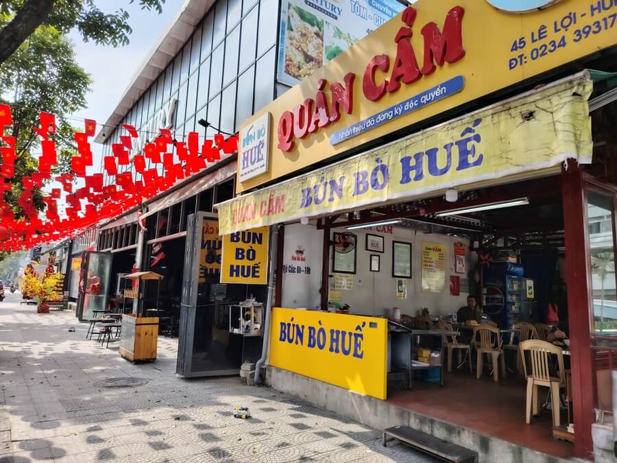 Front entrance of Quan Cam Bun Bo Hue restaurant on Le Loi Street in Hue